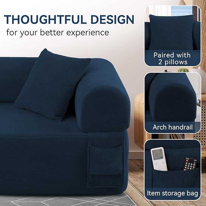 83" Boneless Couch, 3 Seater Sofa with 2 Matching Pillows Compact Corduroy Couches for Living Room Side Storage Pockets, Floor Sofa with Removable Armrests, No Assembly Required, Blue