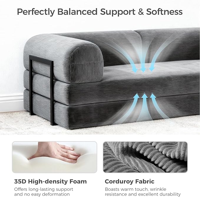 HipyMo 4-in-1 Folding Convertible Sofa Bed, 78 Inch Boneless Couch with Fixed-Shape Frame, Loveseat Sleeper with Pull Out Bed, Floor Sofa Modular Futon Couch for Living Room Bedroom Lounge (Gray)