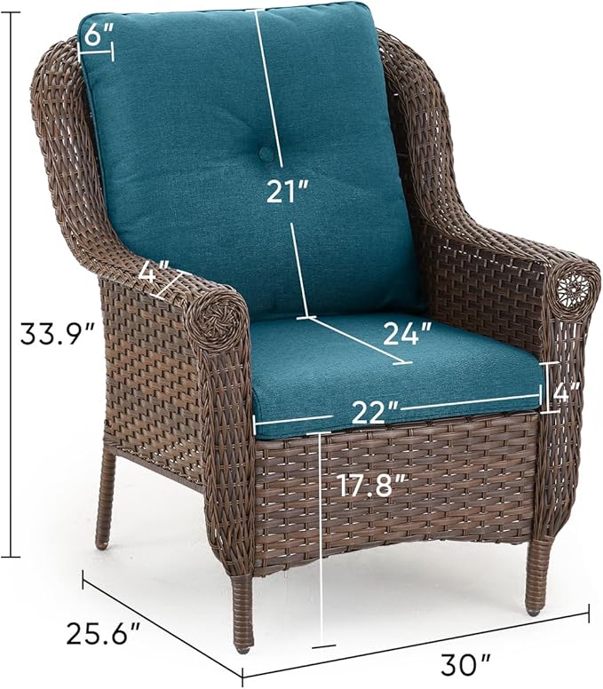 ACTREST Patio Wicker Chairs Outdoor Furniture Chair - Set of 2 Outside All Weather Lawn Dining Brown Rattan Armchair with High Back&Deep Seating for Deck Porch Balcony Backyard Garden - Peacock Blue