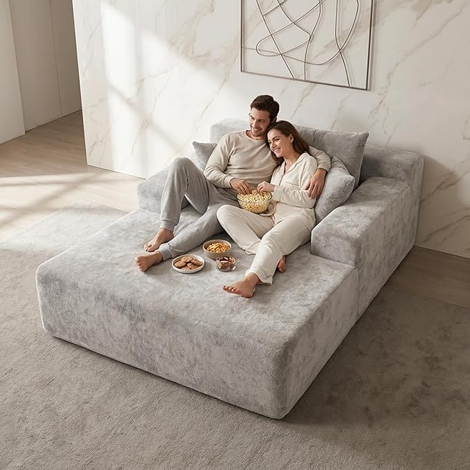 Sytopia Chaise Lounge with Armrests, Oversized Sofa Bed with 3 Pillows, Cozy Boneless Couch, Sleeper Reading Chair for Living Room Bedroom, Floor Sofa Chenille, Furniture Sala, Urban Grey