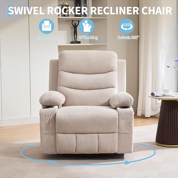 Recliner Chair Nursery, Oversized Manual Reclining Rocking Chair, 360 Swivel Glider with Cup Holder, Massage and Heat Recliner, Indoor Small Single Sofa Chairs for Adults, RV, Bedroom, Line Beige