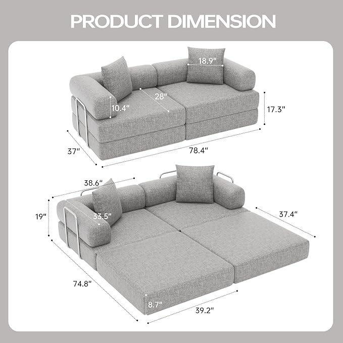 DURASPACE 78.4'' Convertible Folding Sofa Bed, Floor Sleeper Sofa Couch with Fixed-Shape Frame, Compression Comfy Couch in a Box, Boneless Modular Loveseat for Living Room (Chenille Gray)