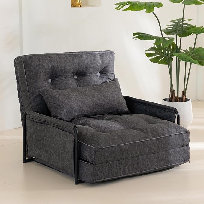 YOSHOOT Adjustable Lazy Floor Sofa, Folding Couch Bed with 5 Positions Adjustable Backrest, Convertible Bean Bag Sofa Bed Couch Foldable Sleeper Chair with Pillow for Reading Gaming（Grey, Single）