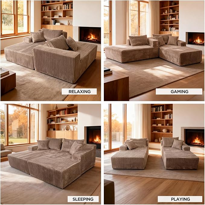 Sytopia Loveseat Chaise Lounge with Armrests, Oversized Sofa Bed with 4 Pillows, Cozy Boneless Sleeper, Modular Sectional Couch for Living Room Bedroom, Floor Chair Furniture sala Corduroy