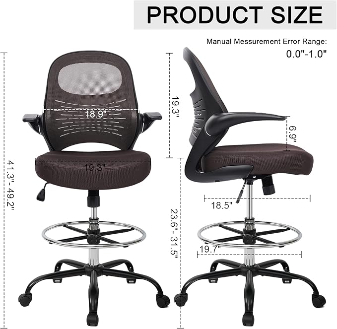 HYLONE Tall Drafting Chair Standing Desk Chair with Flip-Up Armrests, Adjustable Height Ergonomic Office Chair with Footrest Ring - High Stool Chair for Standing Desk (Brown)