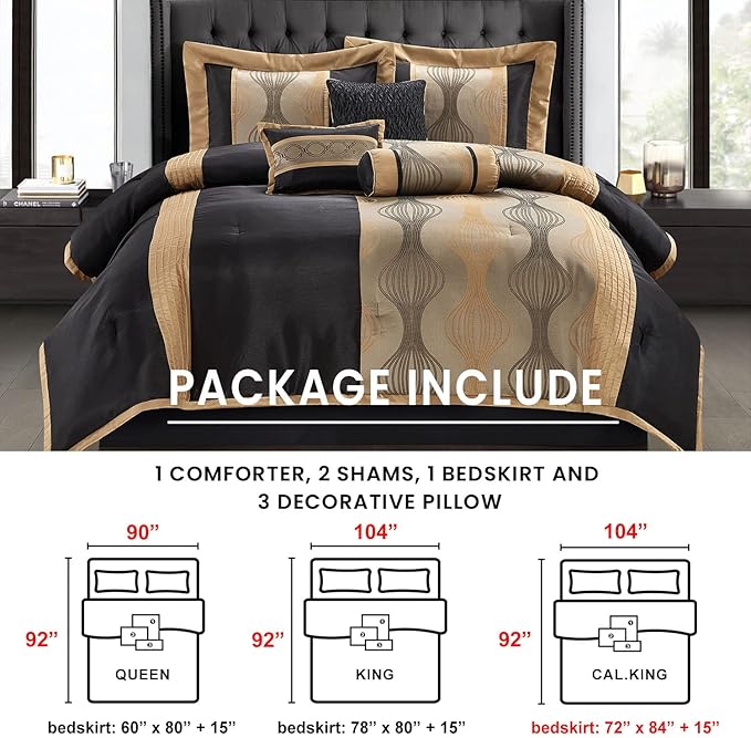 Grand Avenue Elegant Black and Gold Comforter Set, Striped, 7 Pieces Jacquard Bedding Sets with Comforter, Bed Skirt, Pillows & Shams, California King Size All Season, Lightweight Microfiber