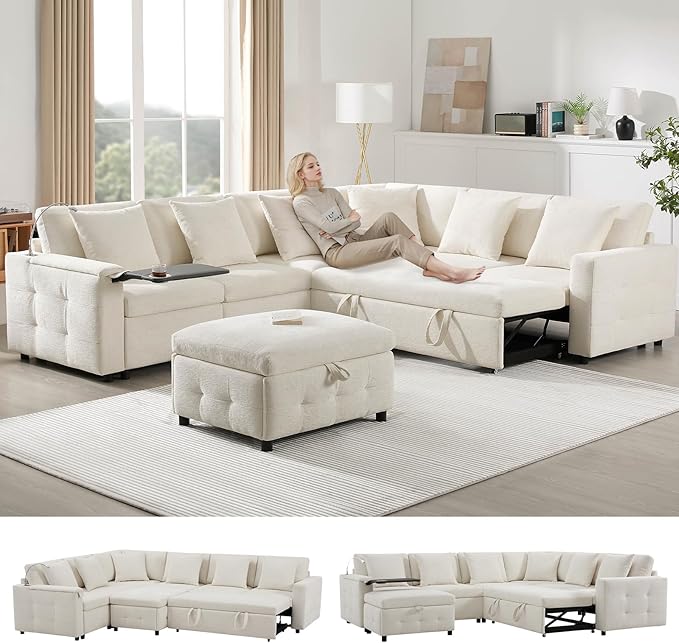 Furnimart Oversized Modular Sectional Pull-Out Sofa with Flip-up Table Panel, Reading Lamp, Charging Ports, Movable Storage Ottoman, Tufted Design, 6 Pillows, Free Combination, Chenille Beige