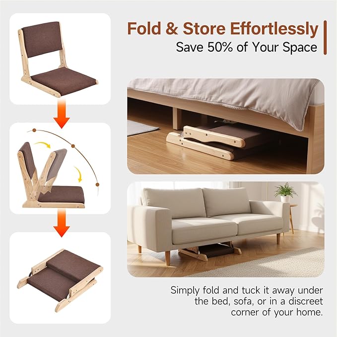 Tiita 2Pcs Floor Games Chair, Foldable Meditation Tatami Chairs, Backrest Chair with Cushion, Living Room Chair Seat, Wood Brown