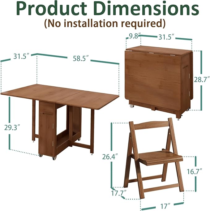 Bamboo Folding Dining Table Set for 4, Extendable Drop Leaf Foldable Table with Lockable Wheels & Storage for Small Spaces Kitchen Dining Room, Collapsible Dinette Expandable Rectangle (Brown)