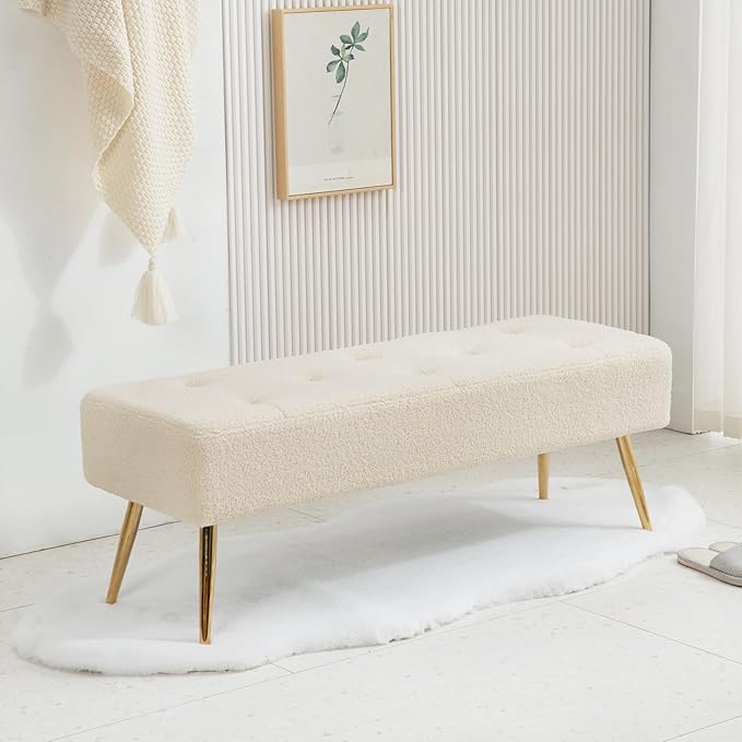 Furnimart Faux Fur Boho Bench Ottoman Upholstered Tufted Bench with Padded Seat, Footrest Foot Stool with Sturdy Metal Leg, for Bedroom Living Room Entryway