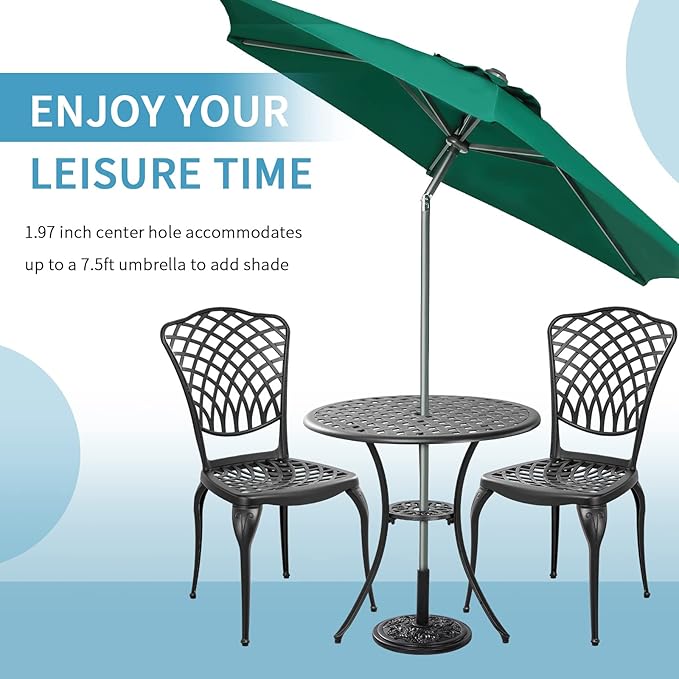 Withniture Bistro Set 3 Piece Outdoor Rust Resistant Bistro Table and Chairs Set of 2 with Umbrella Hole, Large Table Outdoor Bistro Set, Cast Aluminum Patio Set for Garden, Porch(Black)