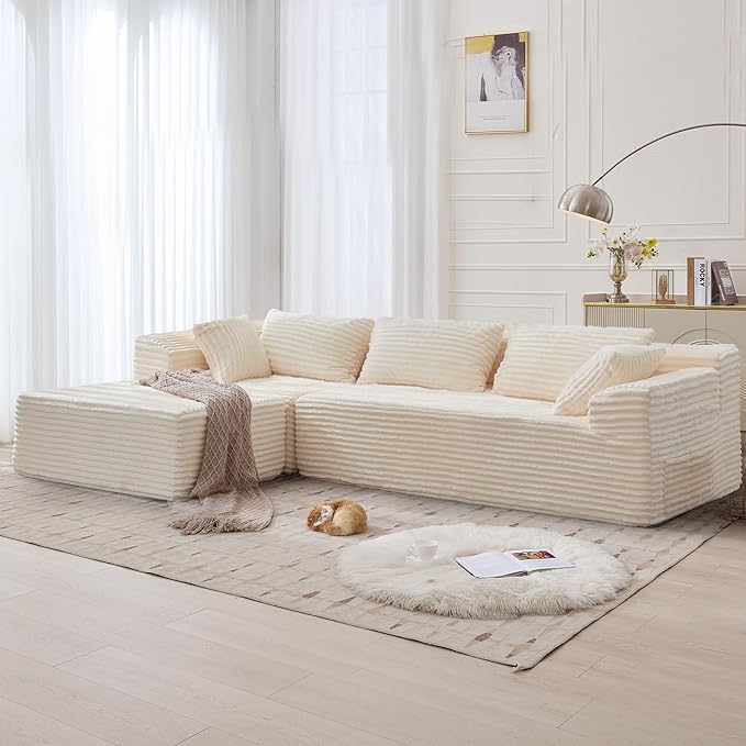 Korser 110" Sectional Couches for Living Room, Modular Sectional Sofa with L-Shape Chaise, Cloud Couch, Comfy Corduroy Fluffy Couch with Deep Seat and Side Pockets