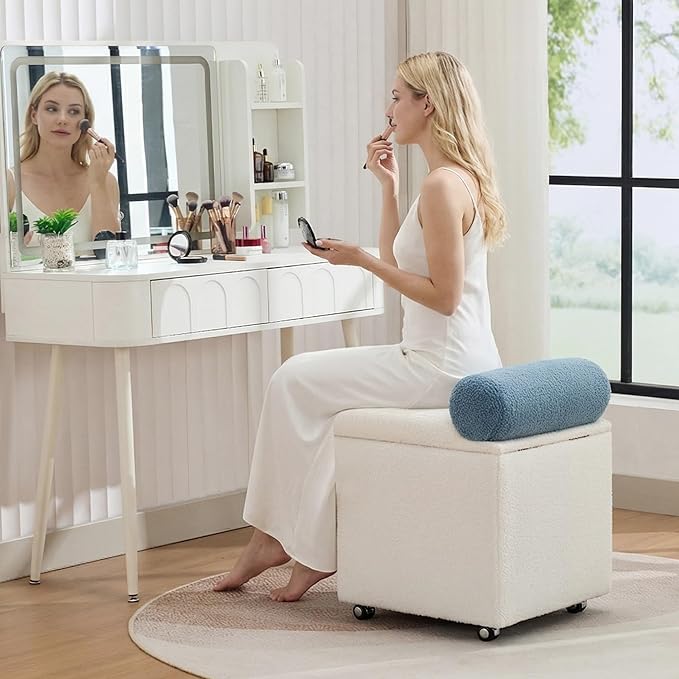 Boucle Vanity Chair with Storage, Swivel Vanity Stool with Safety Hinge, Upholstered Makeup Chair with Wheels, Square Ottoman Stool for Living Room, Dressing, Bedroom, White