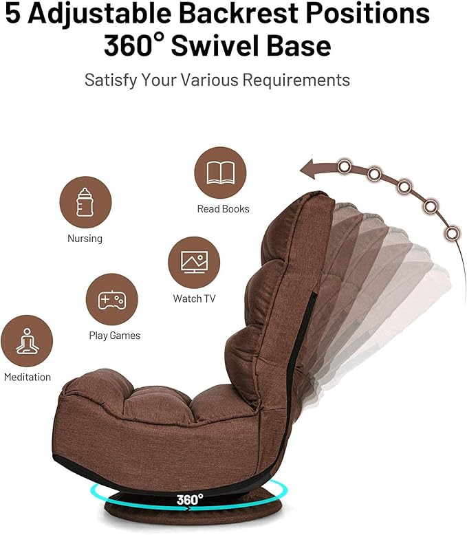 Giantex 360 Degree Swivel Gaming Chair, 6 Position Adjustable Folding Floor Chair, 300lb Spring Support, Comfortable Padded Backrest, Lazy Sofa Chair Game Rocker for Teens Adults (Coffee)