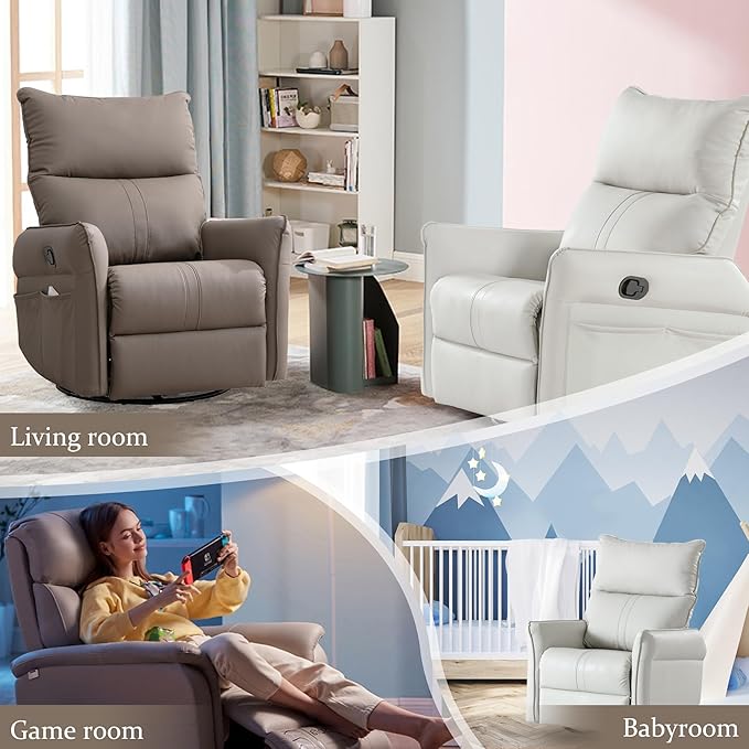 QKFF Swivel Rocker Recliner Chair, Upholstered 360° Fabric Leather Glider Rocker Chair for Nursery, Manual Small Recliners for Small Spaces Living Room Weight Capacity 300lbs