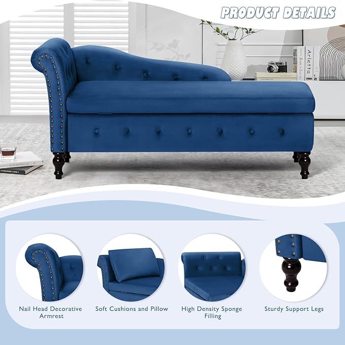 ACMEASE Upholstered Velvet Chaise Lounge with Left Armrest & Storage Space,Button Tufted Lounge Chair w/Lumbar Pillow,Modern Lounge Chair for Bedroom, Living Room and Office,Blue