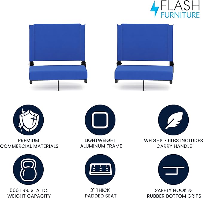 Flash Furniture Grandstand Portable Stadium Seats for Bleachers or Benches, Folding Padded Stadium Chairs with Handle, Pack of 2, 500 lb. Weight Capacity, Blue