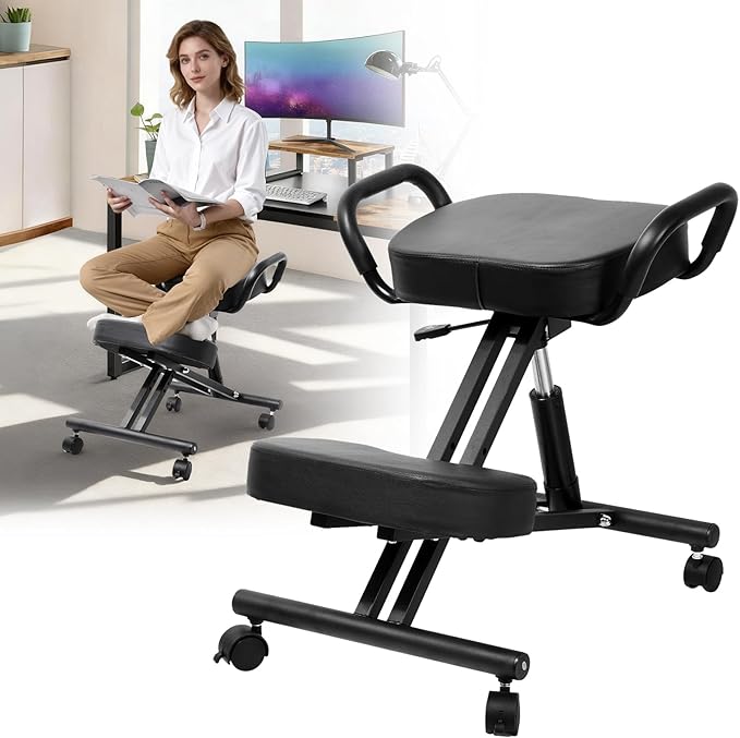 Ergonomic Kneeling Chair Height-Adjustable 22.4-26.3 in Postures Chairs with Lockable Wheels and Armrests Knee Chairs can Hold Up to 220 Lbs Kneeling Ergonomic Chair for Desk Home Meditation,Black