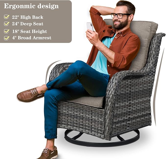 Belord 5 Pieces Patio Wicker Furniture Set - 4 Outdoor Swivel Rocker Glider Chairs with Propane Fire Pit Table, Patio Conversation Set Grey Cushion Perfect for Casual Gathering