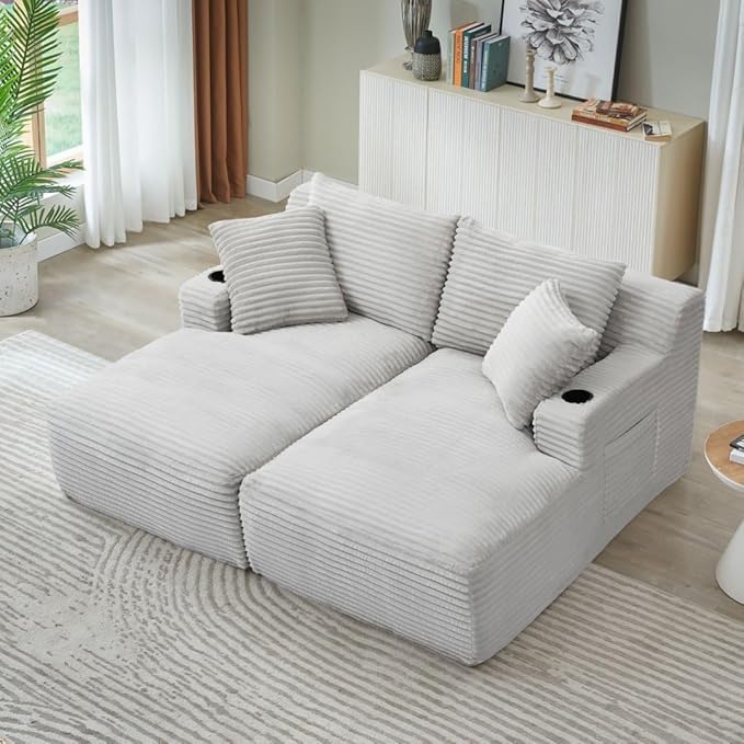 71" Oversized Double Chaise Lounge Sofa Indoor Boneless Sleeper Daybed, Fluffy Corduroy Upholstered Compressed Cloud Couch Loveseat Sofabed, Floor Chair w/Cupholders, Side Pockets for Living Room