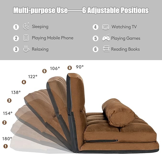 DORTALA Foldable Floor Sofa, 6-Position Adjustable Lounge Couch with 2 Pillows & Suede Cloth Cover, Modern Lounge Mattress Video Gaming Lazy Couch, Suede Floor Seating Sofa, 71" x 44.5", Beige