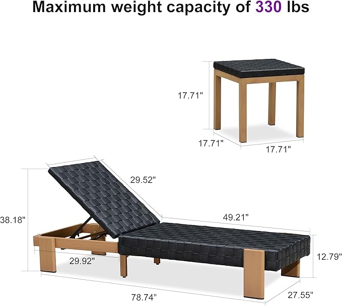 PURPLE LEAF Patio Chaise Lounge Modern Outdoor PU Leather Style Lounge Chair 4 Pieces with Adjustable Backrest Luxury Aluminum Chaise Lounge Chairs for Pool Garden Backyard Beach, Black