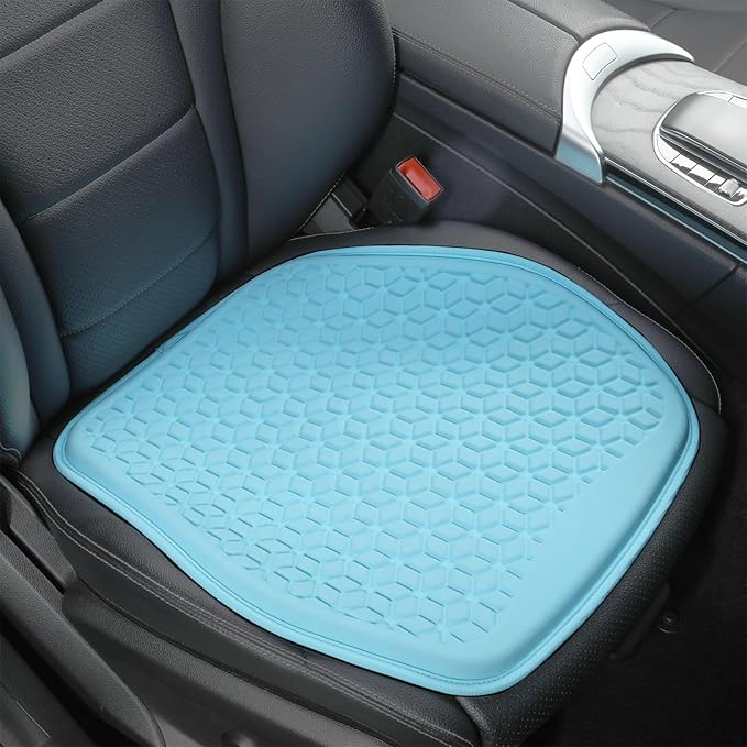 Binsheo Thin Gel Seat Cushion for Car Seat, Office Chair, Wheelchair, Golf Cart - Non-Slip Car Seat Cushions with 0.7 Inch Gel - Sciatica & Coccyx Pain Relief (Fabric, Blue)