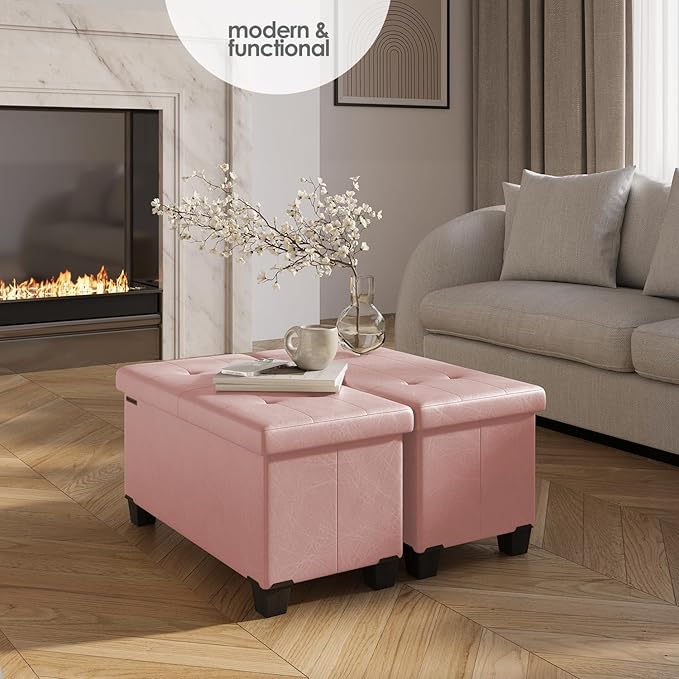 Storage Ottoman Bench with Bins, 30-in Storage Bench for Bedroom End of Bed, Folding Foot Rest Ottoman for Living Room Max 660lbs, Faux Leather Ottomans, Pink