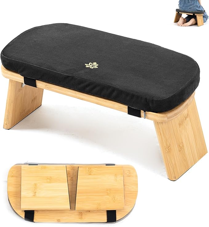 Estleys Meditation Bench, Bamboo Meditation Stool, Folding Kneeling Meditation Bench, Seiza Prayer Bench, Prayer Bench with Meditation Cushion, Kneeling Stool (Black)
