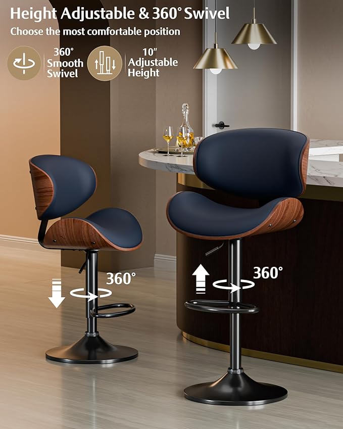 Aowos Bar Stools, Adjustable Swivel Leather Bar Stools for Kitchen Island, Mid Century Modern Counter Height Bar Chairs Barstools with Back & Footrest (Blue 1PCS)