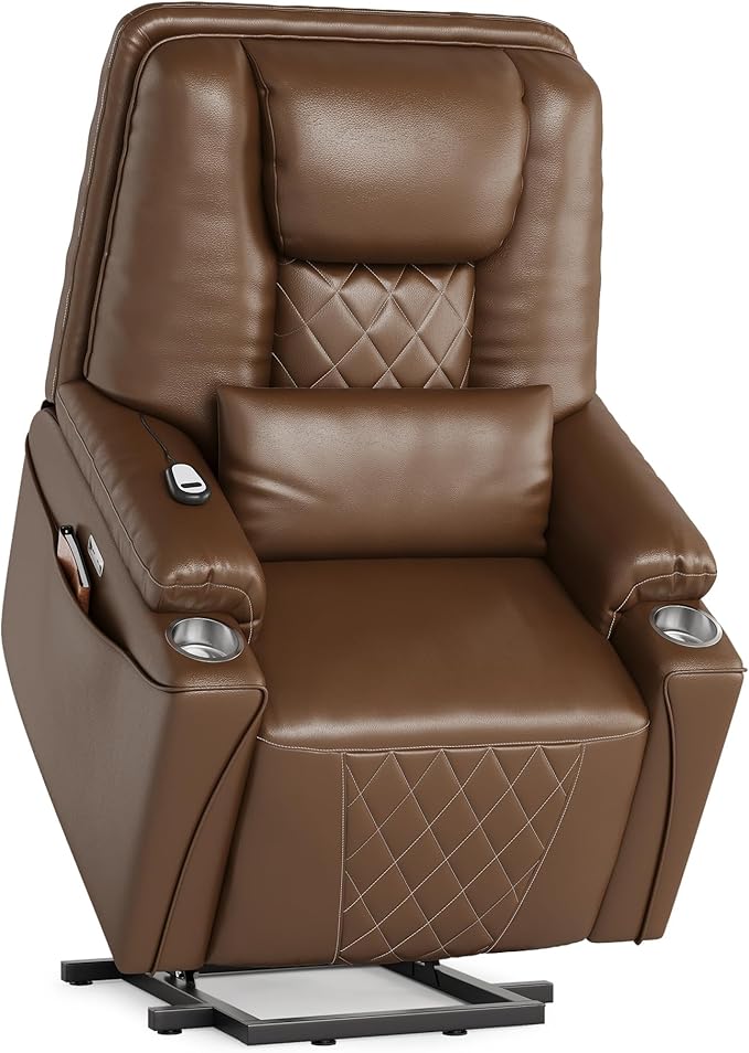 Power Lift Recliner Chair, Easy Lift Assist for Elderly, 3-Position Recline, Storage Pockets & Cup Holders, USB Charging Ports, Remote Control Operation, Living Room or Bedroom Comfort, Brown