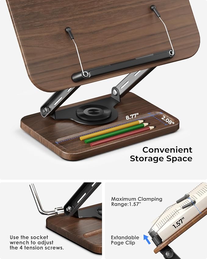 Viozon Book Stand for Reading, Book Holder 360° Rotating Base with Pen Slot, Foldable Reading Display Stand with Elastic Page Clips for Cookbook, Recipe, Textbook, Tablet, Laptop.