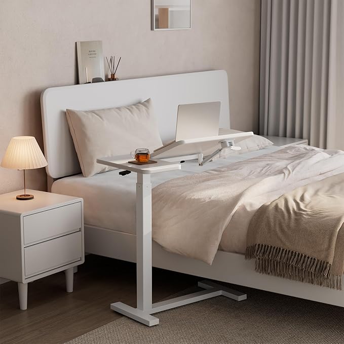 Solid Wood Overbed Bedside Table with Wheels, Tilting Adjustable Hospital Bed Table Over The Bed, Medical Mobile Laptop Stand, Rolling Standing Desk for Hospital and Home Use（White）