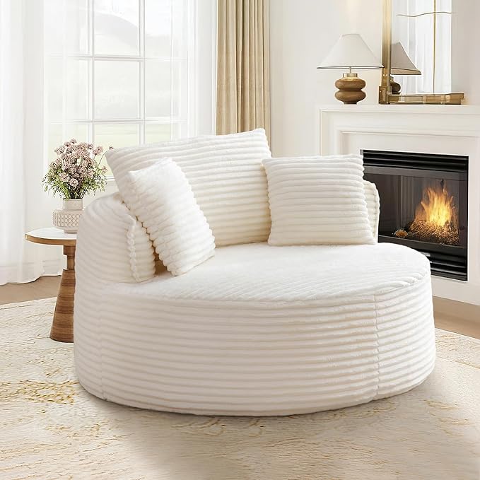 53"W Oversized Round Chaise Longue Chair Indoor,Corduroy Fluffy Comfy Cloud Chair,Circle Bean Bag Sofa with Foam Filling & Pillows,Boneless Reading Cozy Sofa Chairs for Living Room,Bedroom,White