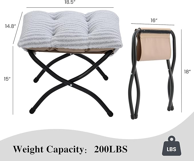 Mordchil HF 15"(H) Folding Ottoman, Foldable Footrest Stool, Portable Small Foot Stool for Couch, Collapsible Foot Rest Ottoman for Sofa, Accent Padded Ottomans for Living Room, Bedroom, Stripe Grey