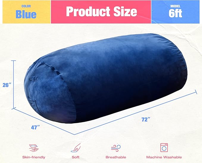 Hobestluk 6FT Bean Bag Chair Large Beanbag Lounger with Removable Cover Adult Bean Bag Chair with Portable Handle Desgin for Living Room Bedroom (Blue, 6FT)