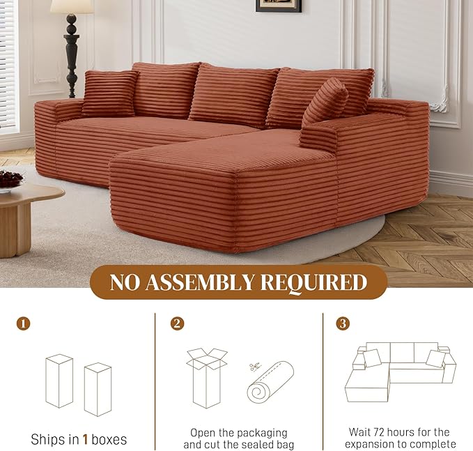 95" Boneless Cloud Sectional Couches for Living Room, Comfy Fluffy L Shaped Memory Foam Deep Seat Boneless Couch, Modular Sectional Sofa with Right Facing Chaise, Orange