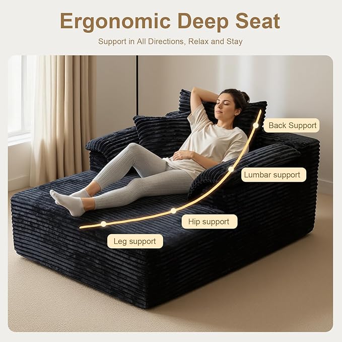 Oversized Chaise Lounge Chair Indoor, Upholstered Single 61'' Rolled Arm Boneless Cloud Sofa Bed Sleeper Couch, No Assembly Faux Rabbit Fur Memory Foam Reading Chair for Living Room Bedroom Black