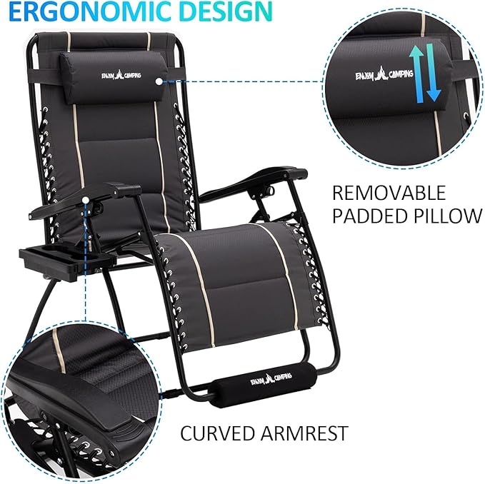 Amopatio Zero Oversized Padded Gravity Chairs with Cup Holder, 33" Wide Folding Reclining Lounge Chair with Footrest & Headrest for Indoor Outdoor Camping, Support 500LBS
