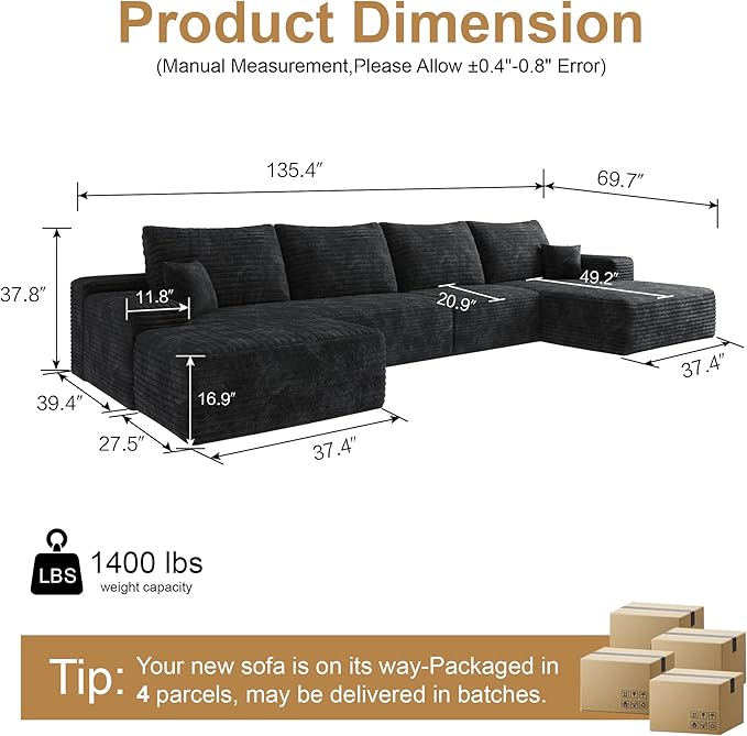 AUGOP 136" Sectional Couches for Living Room Modern Modular Sofa with L-Shape Couchs Upholstered Boneless Couch Deep Seat Sectional Couch with Chaise (Black, Right Facing Chaise+3Seaters+Ottoman)