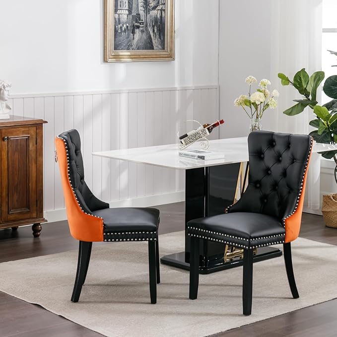 YeahFurn Modern Dining Chairs Set of 6, Tufted Upholstered Dining Room Chairs with Nailhead, PU Leather Front & Velvet Back, Solid Wood Legs, Kitchen Chairs, Sillas de Comedor (Black & Orange)