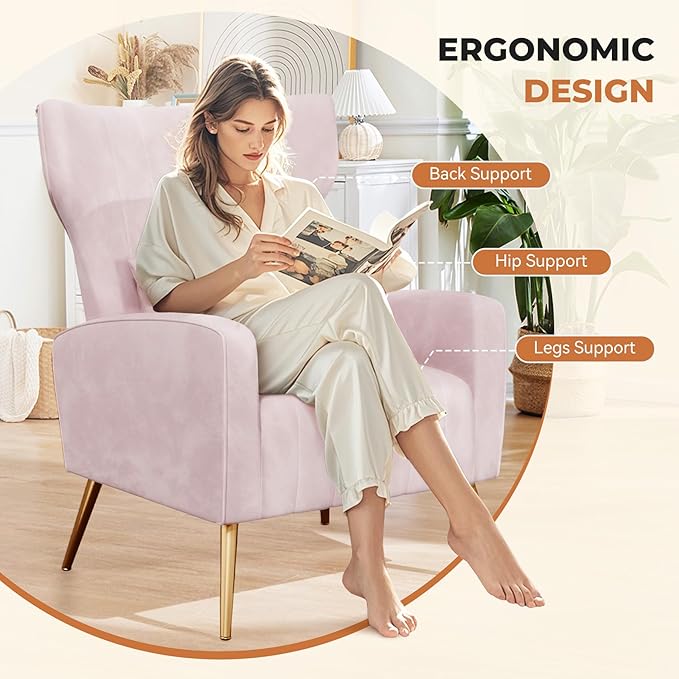 Nalupatio Modern Accent Chairs for Set of 4 Upholstered Velvet Fabric Reading Chair Mid Century Arm Chair Comfy Armchair for Living Room,Pink