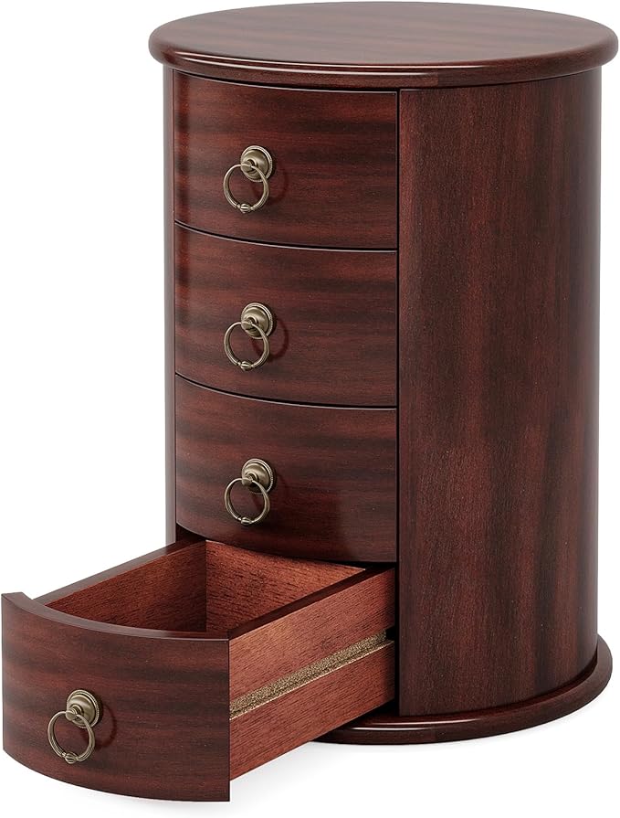Tribesigns Solid Wood End Table Set of 2, Round Side Table with 4 Drawers, Vintage Bedside Table Nightstand for Small Spaces, Living Room, Bedroom, No Assembly Required (2, Cherry Brown)