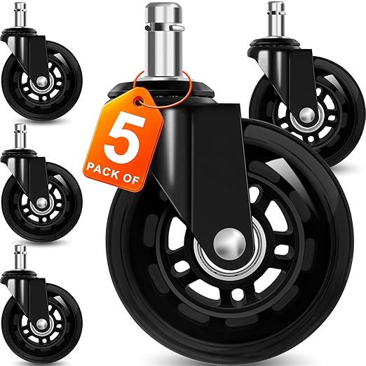 FreekyFit Office Chair Wheels for Casters Replacement - 3" Rubber Wheels for Computer Gaming Desk Caster Smooth & Safe Rolling for All Floors Including Hardwood and Carpet - Set of 5 - Black