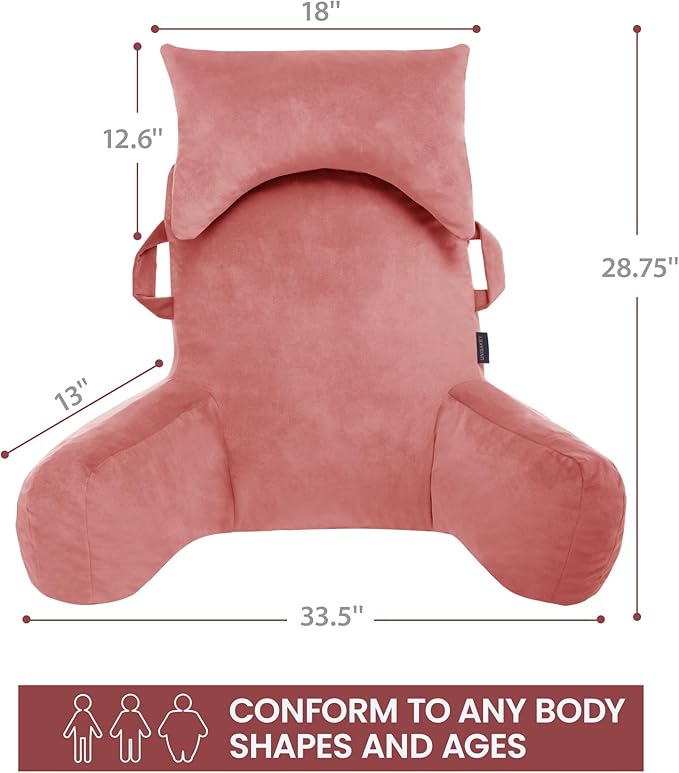 Unisakey Portable Reading Pillows with Headrest for Bed Sitting Up(Dark Pink Oeko-Tex), Velvet Back Pillow with Arms & Pockets for Adults, Support Memory Foam Bed Pillow for Dorm/Watching/Gaming