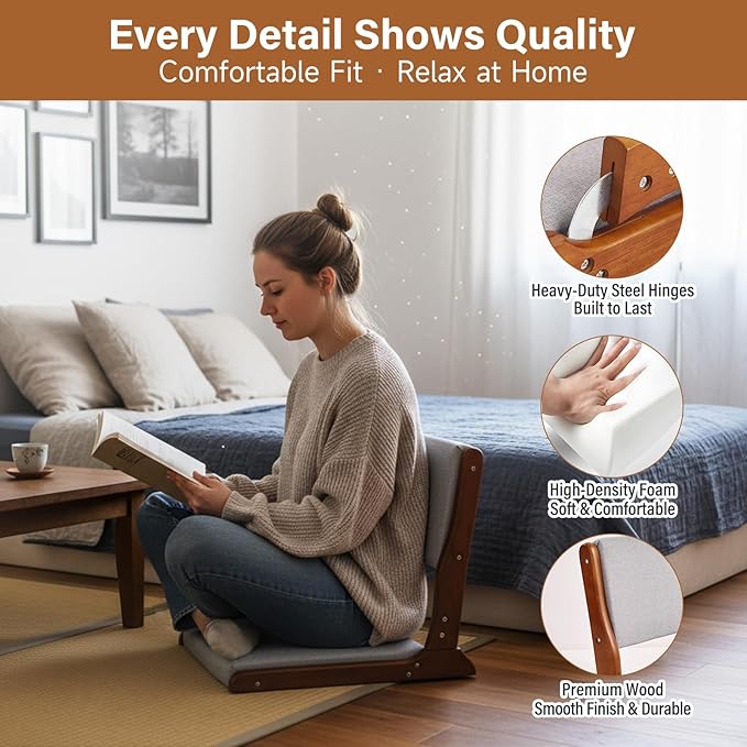 Tiita Floor Chair with Back Support, Foldable Meditation Tatami Chairs, Backrest Chair with Cushion, Living Room Chair Seat 2 Pack, Walnut Grey