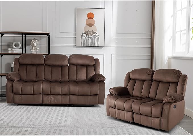 EBELLO Manual Reclining Sofa Set, Classic 5-Seater Furniture Set with Overstuffed Arms and Backrest, Include 1 Loveseat Couch and 1 3- Seat Sofa, Brown