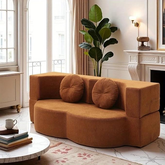 76" Convertible Folding Sofa Bed, 2-in-1 Twin Size Loveseat Sleeper Couch Bed with Two Pillows, Foldable Space-Saving | Design for Dorms Apartments Bedroom& Living Room,No Assemble(Orange)