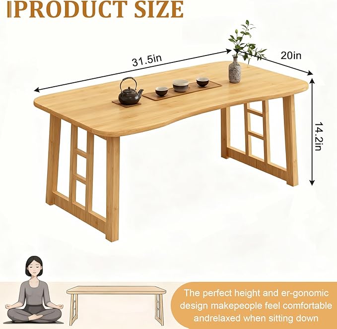 Folding Coffee Table, Foldable Japanese Floor Low Table Small Coffee Tables for Sitting On The Floor, No Assembly Portable Tea Table for Living Room Meditation Tea Room Tatami Zen Dining (Wood)