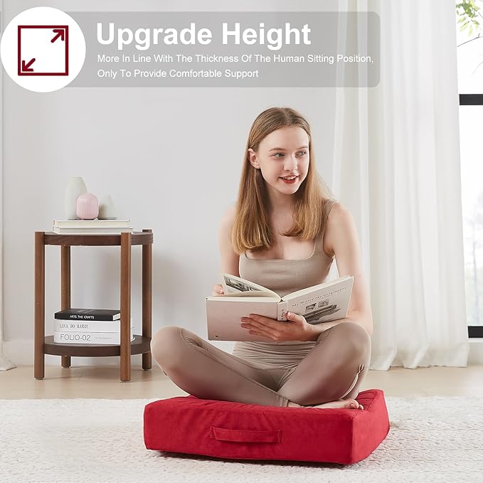 JKMAX 2 Pcs High Density Foam Floor Pillow - Upgraded Large Pillows Seating for Adults - Outdoor Floor Cushion with Soft Tufted Cover - Yoga Pillows for Sitting On Floor - 22 Inch Burgundy